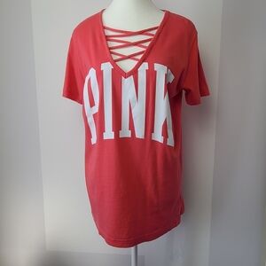 PINK Victoria's Secret lace up  front v-neck short sleeve shirt, XS (PTP 19.5")